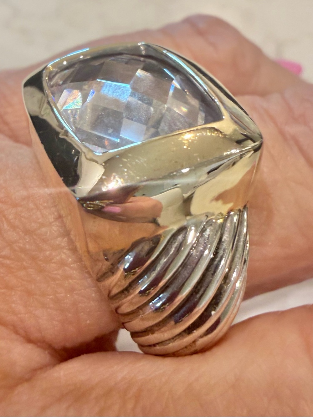Large Silver Gold Cable Statement Ring  Size 10.5- 14.5g Cushion Cut Crystal